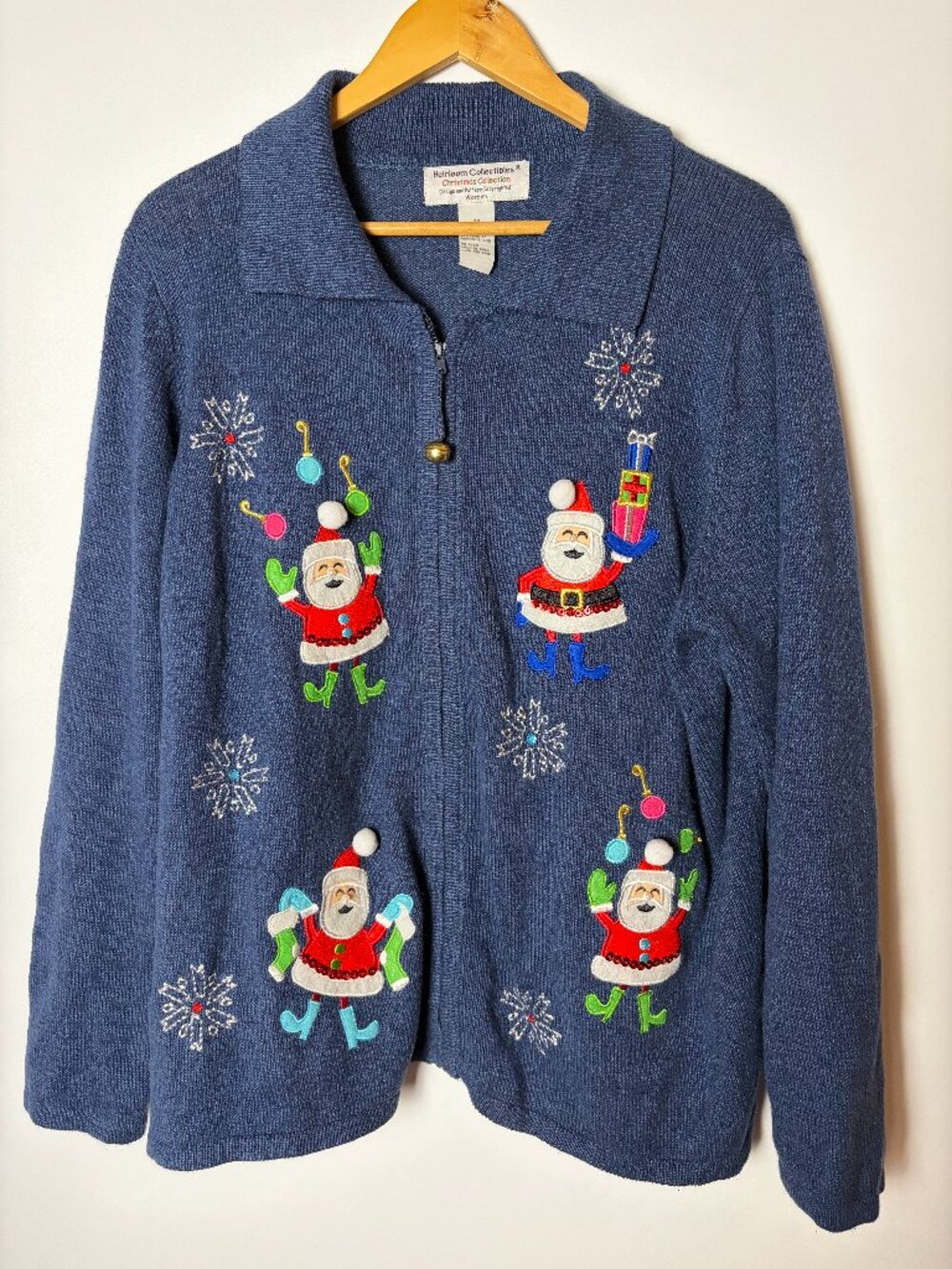 VTG Tiara International Size 2X Christmas Santa Sweater Blue Zip Embroidered